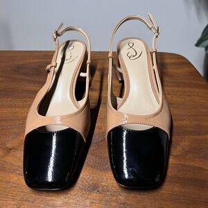 Sam Edelman Tarra Slingback Pump (9) Tan Black Patent 2" Block Heel Cap Toe